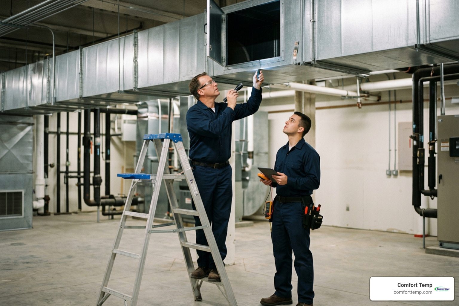 professional commercial HVAC technicians in dark blue uniforms with no logos inspecting ductwork professional commercial HVAC technicians in dark blue uniforms with no logos inspecting ductwork