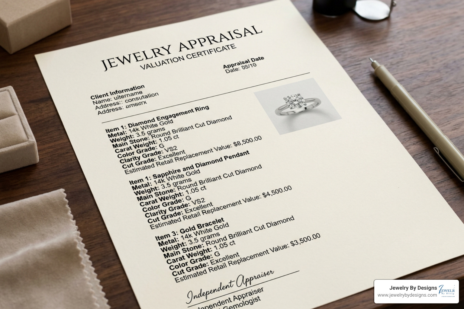 Professional jewelry appraisal document showing detailed valuation specs