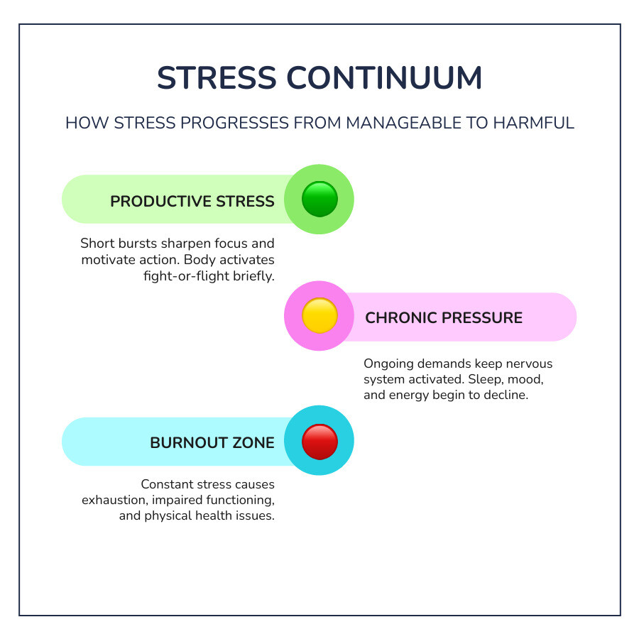 Stress continuum from productive green zone to burnout red zone with key symptoms at each stage infographic