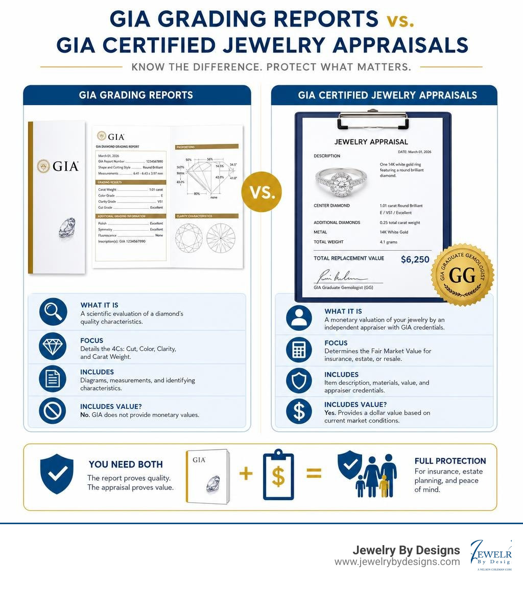 Infographic comparing GIA grading reports vs GIA certified jewelry appraisals side by side infographic