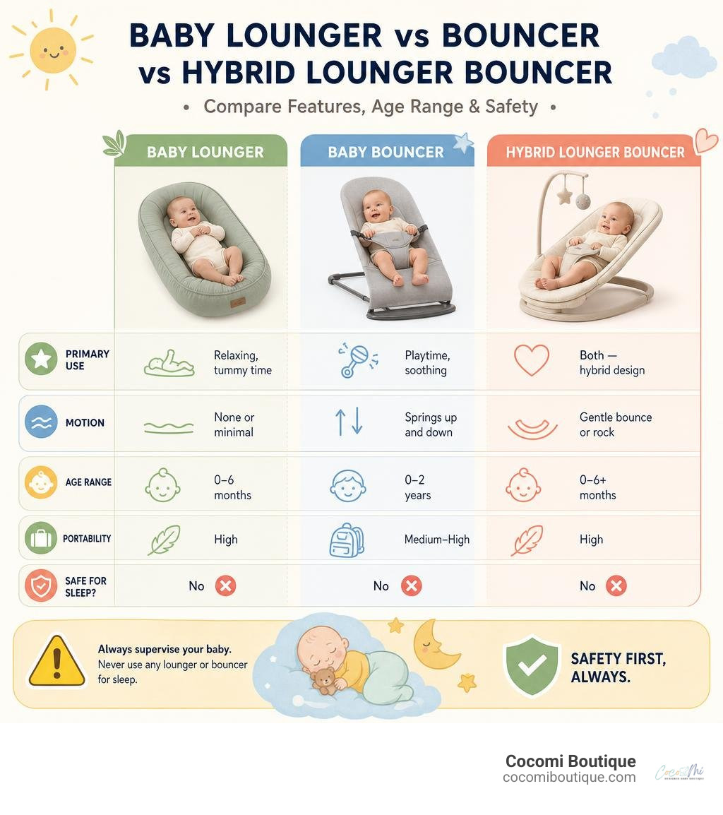 Infographic comparing baby lounger, bouncer, and hybrid lounger bouncer features, age range, and safety infographic
