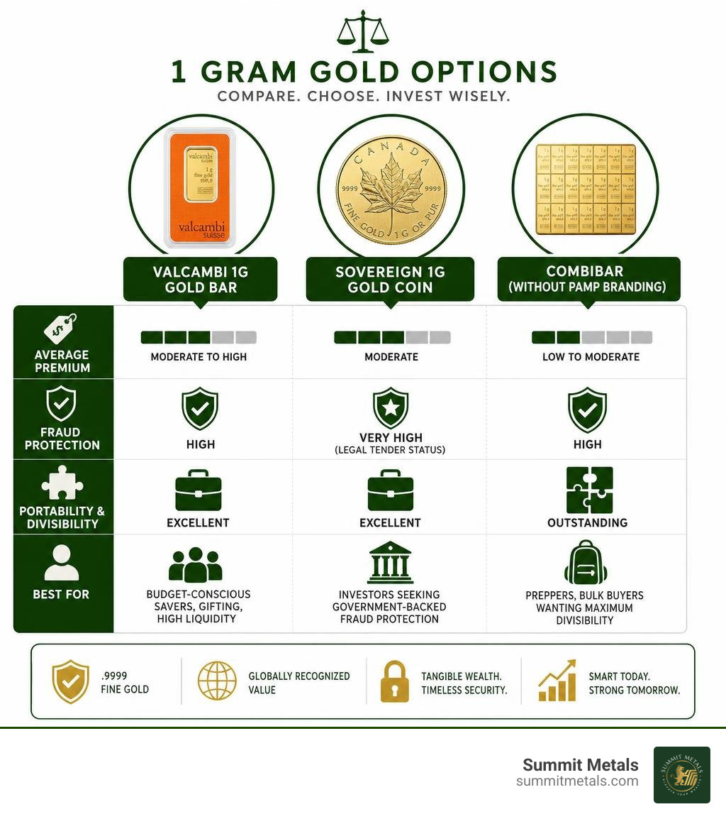Flowchart comparing Valcambi 1g gold bars, sovereign 1g gold coins, and CombiBars without PAMP branding infographic