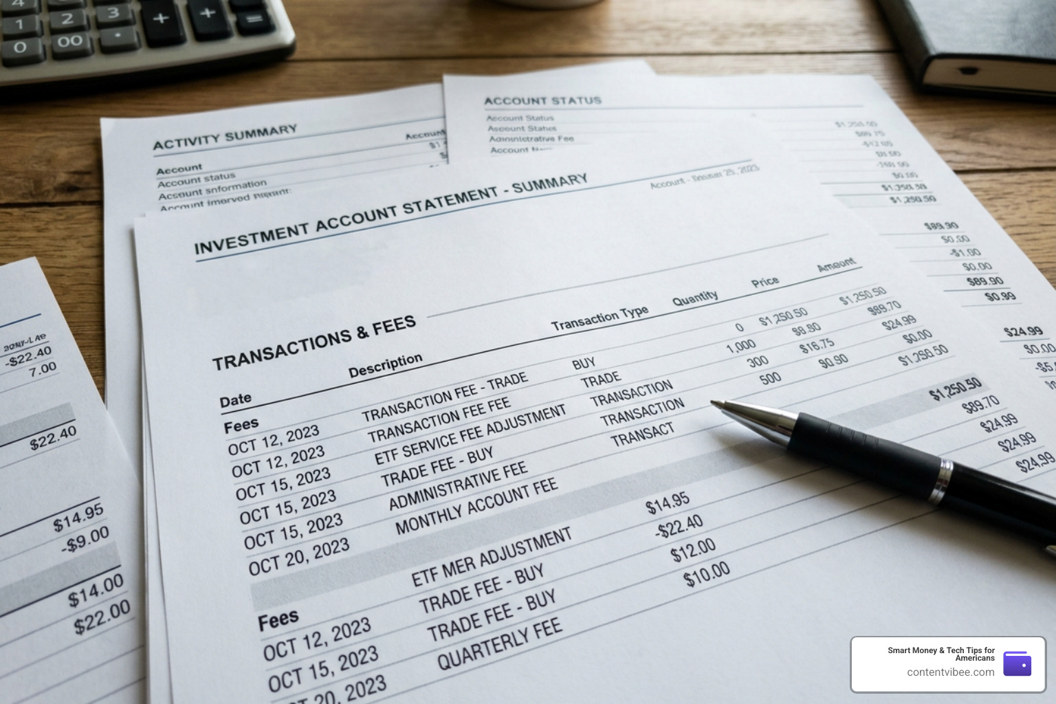 financial documents showing transaction fees and ETF service fee adjustments