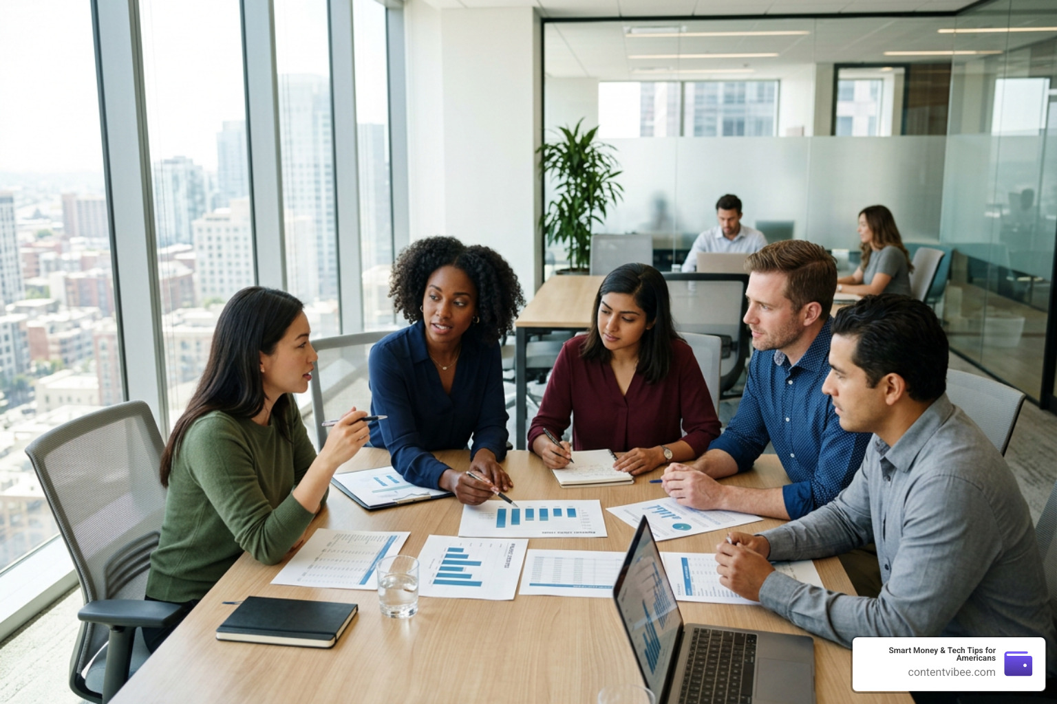 team discussing operational costs in a modern office