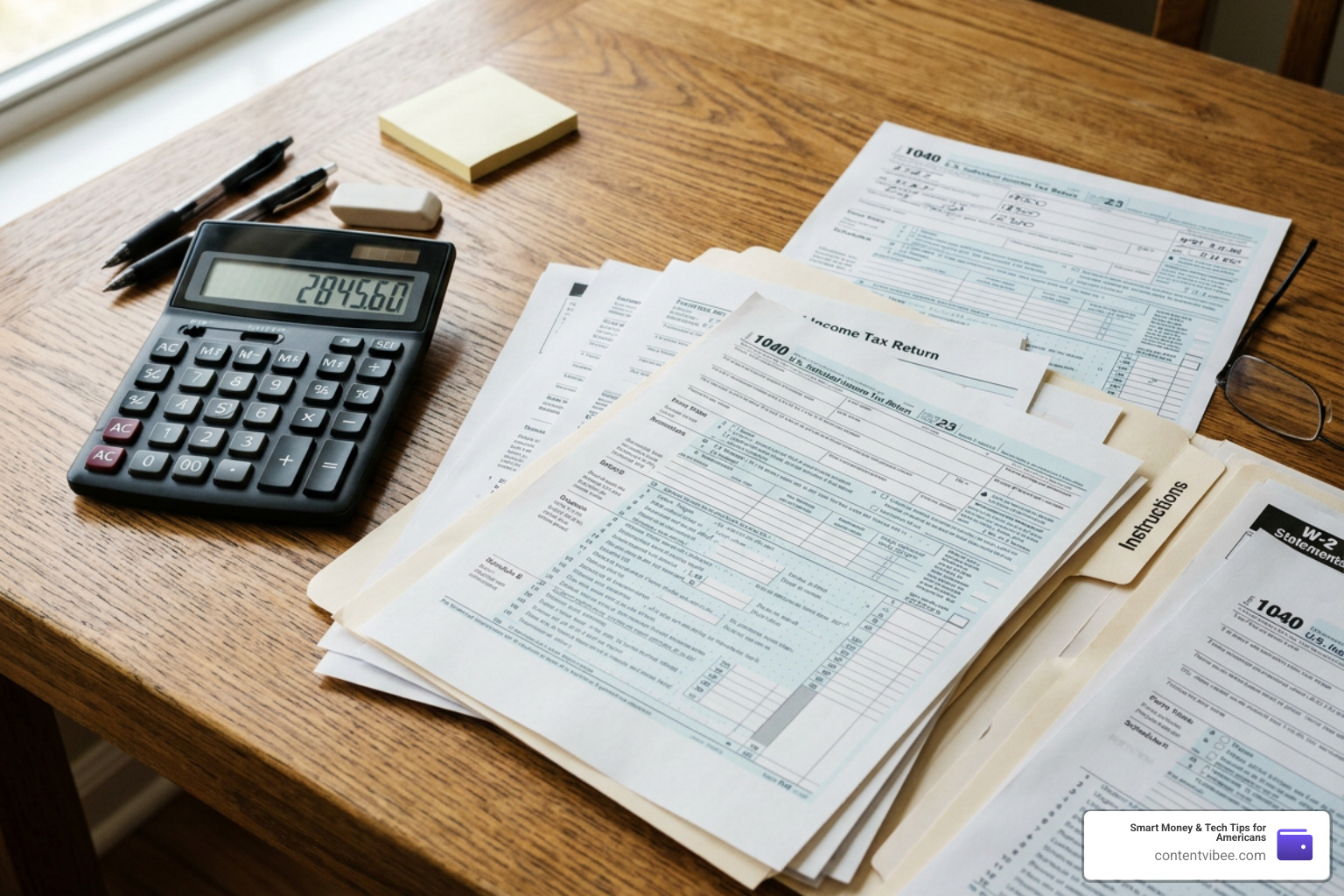Calculator and tax documents on a wooden desk