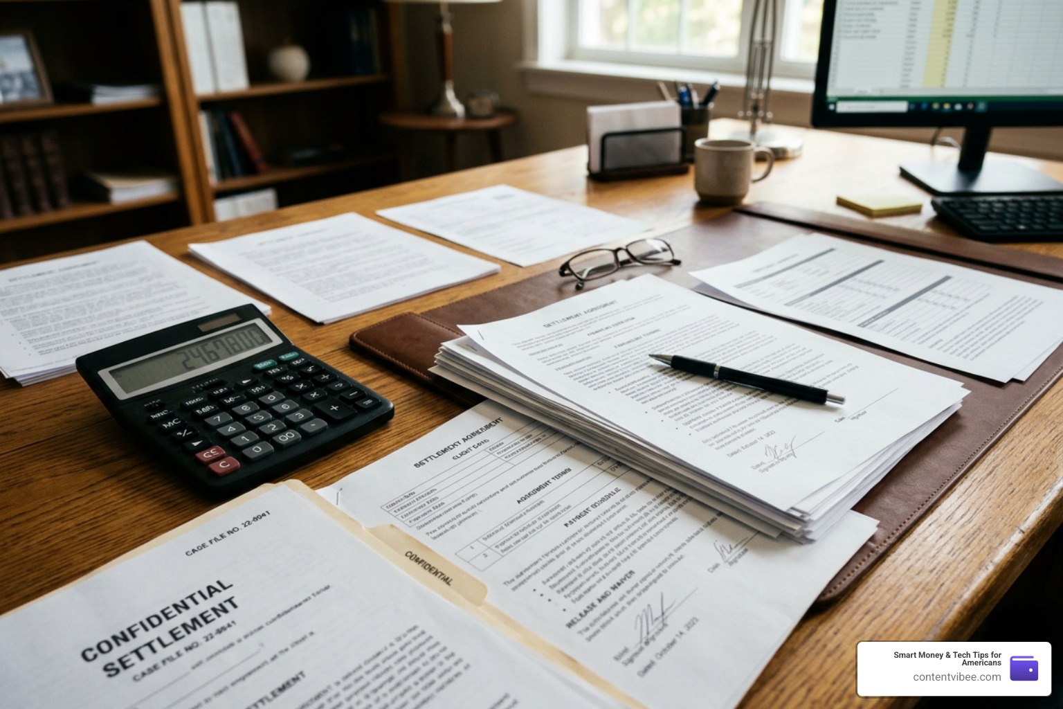 calculator and legal documents for settlement calculation