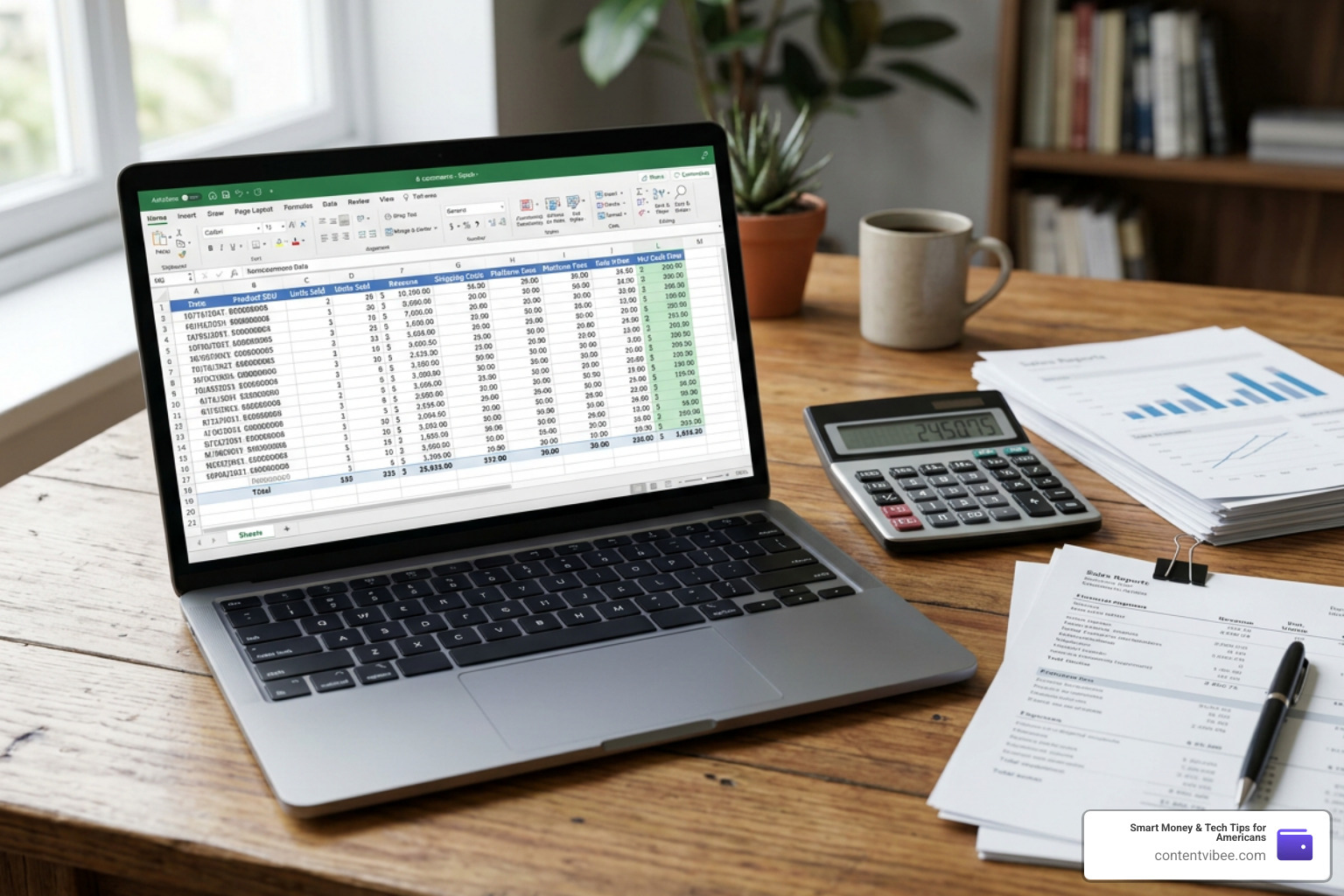 Calculator and financial spreadsheet showing e-commerce cash flow calculations