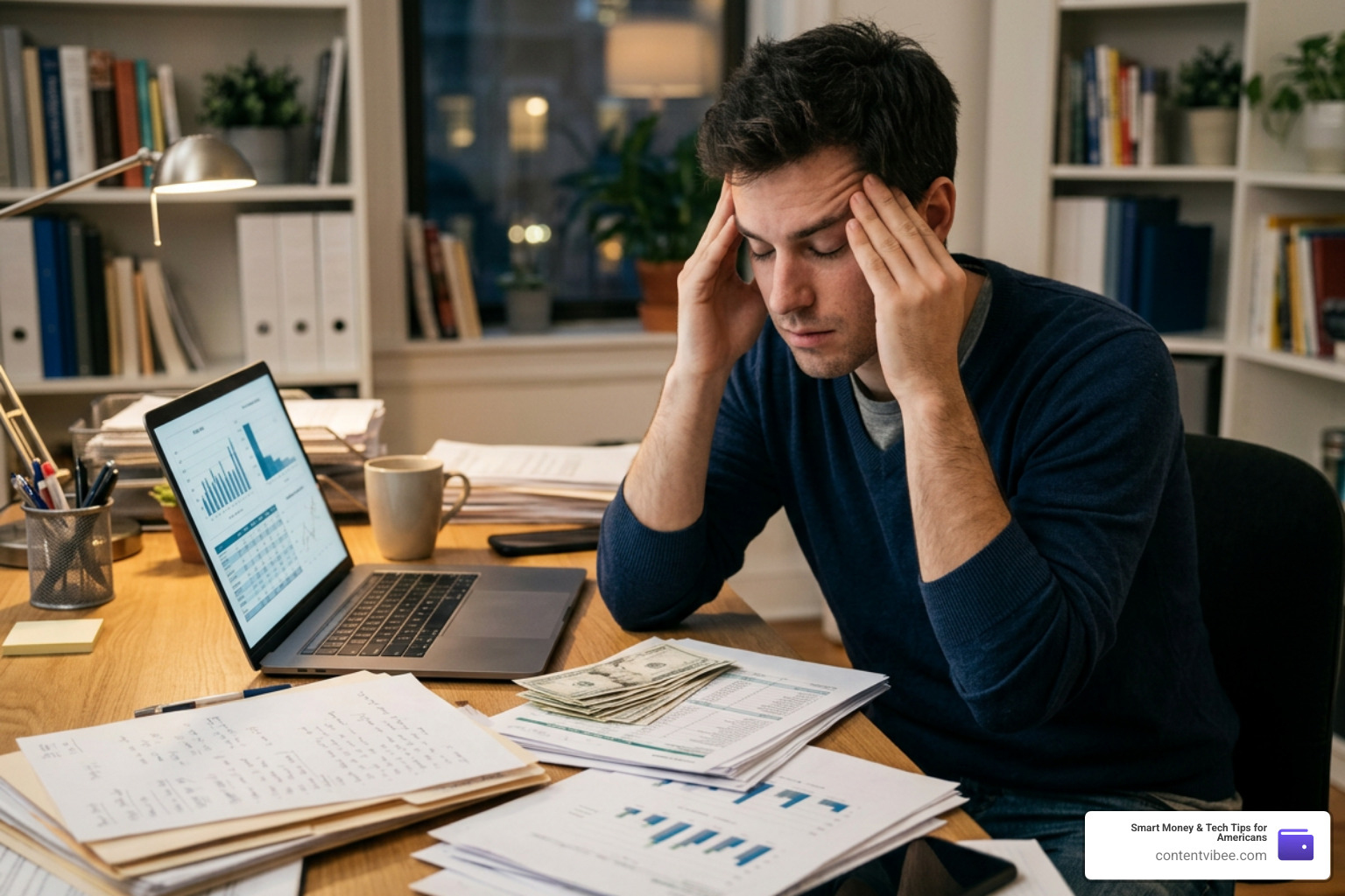 A stressed entrepreneur reviewing physical paperwork and digital spreadsheets