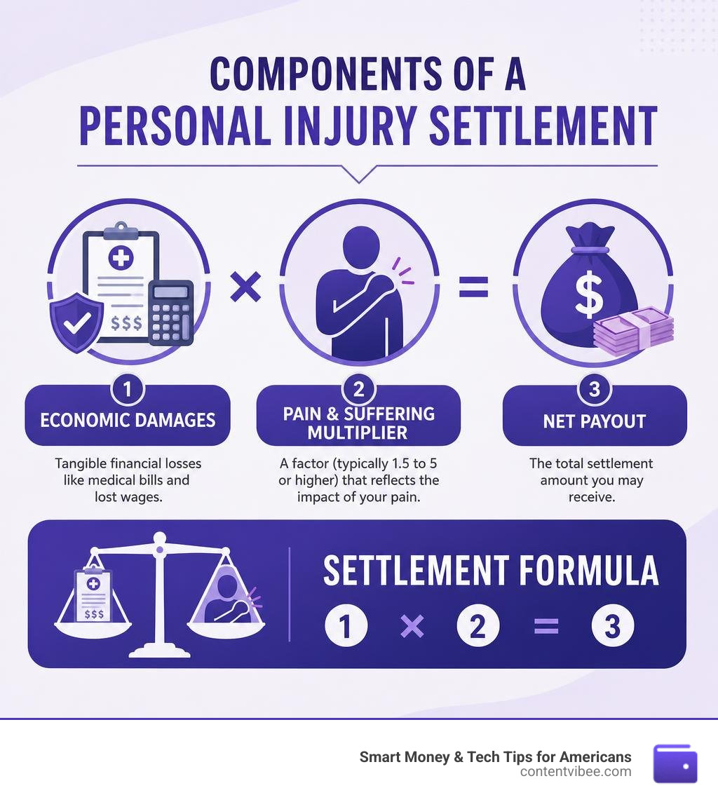 Components of a personal injury settlement: economic damages, pain and suffering multiplier, and net payout infographic
