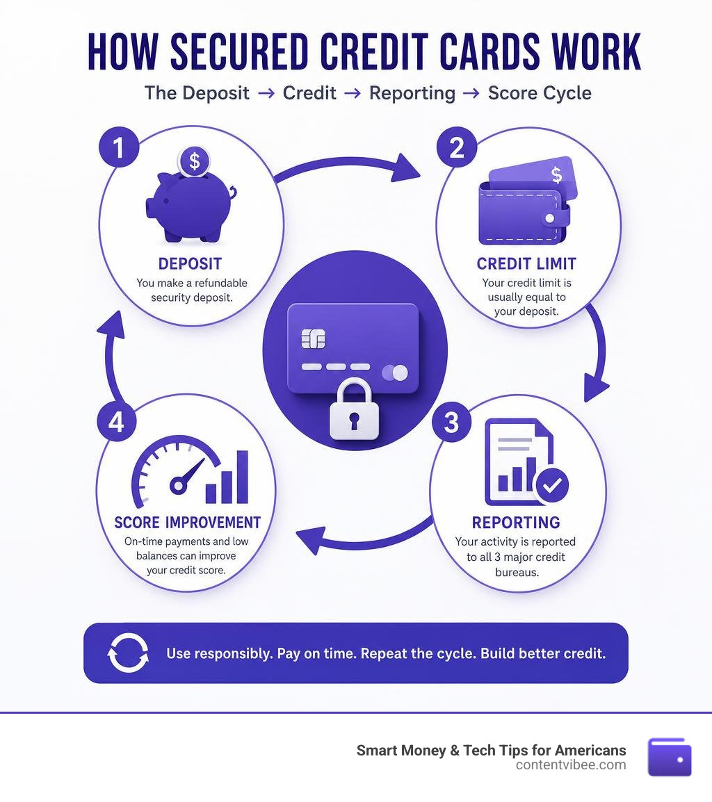 How secured credit cards work: deposit, credit limit, reporting, and score improvement cycle infographic
