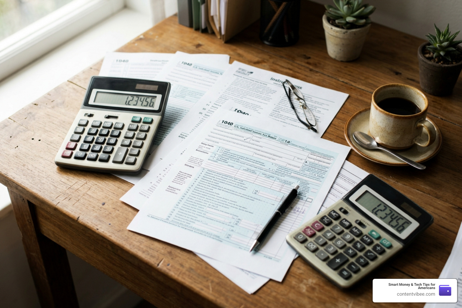 tax documents and calculator on a wooden desk next to a coffee cup