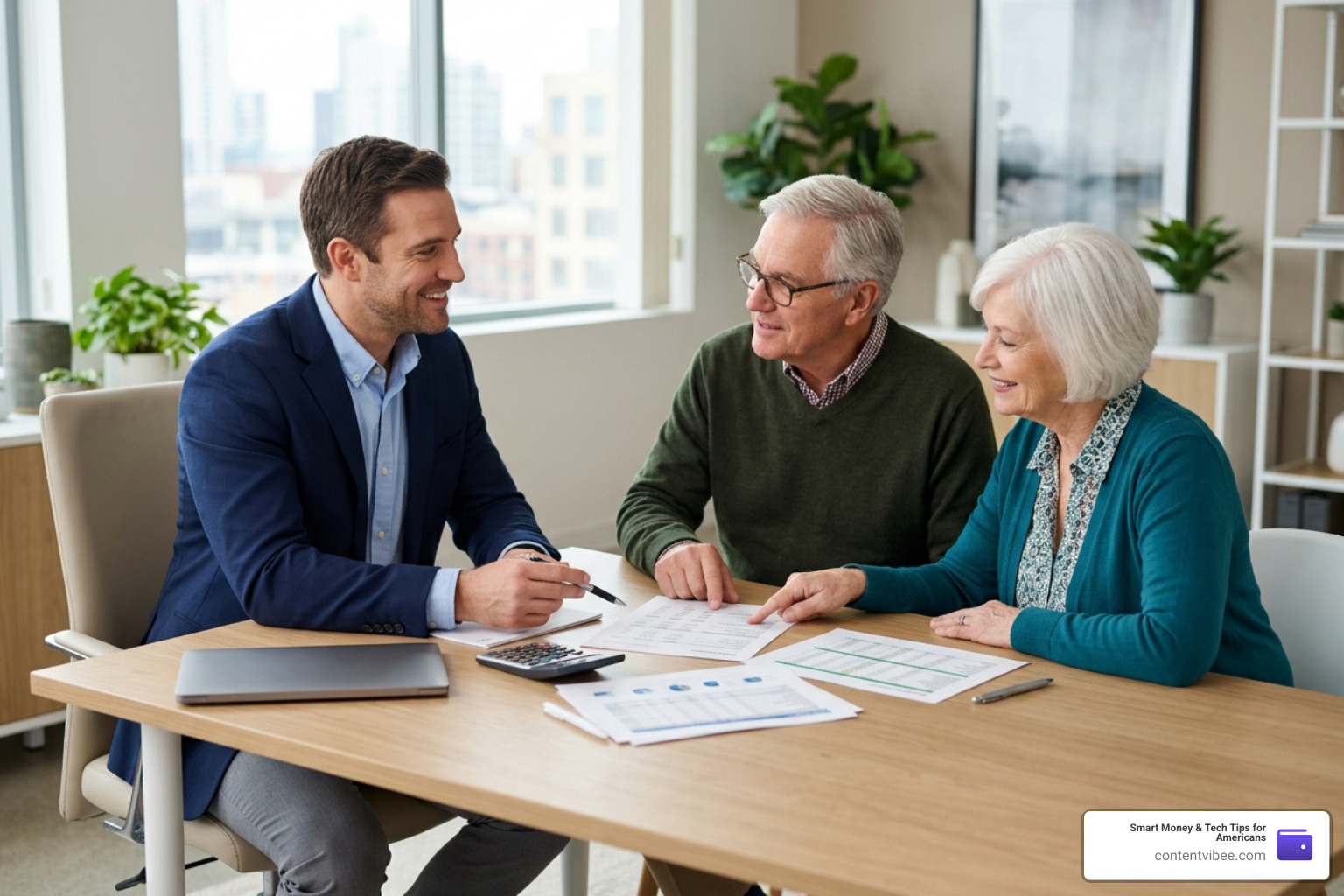 financial advisor explaining retirement calculations to a senior couple