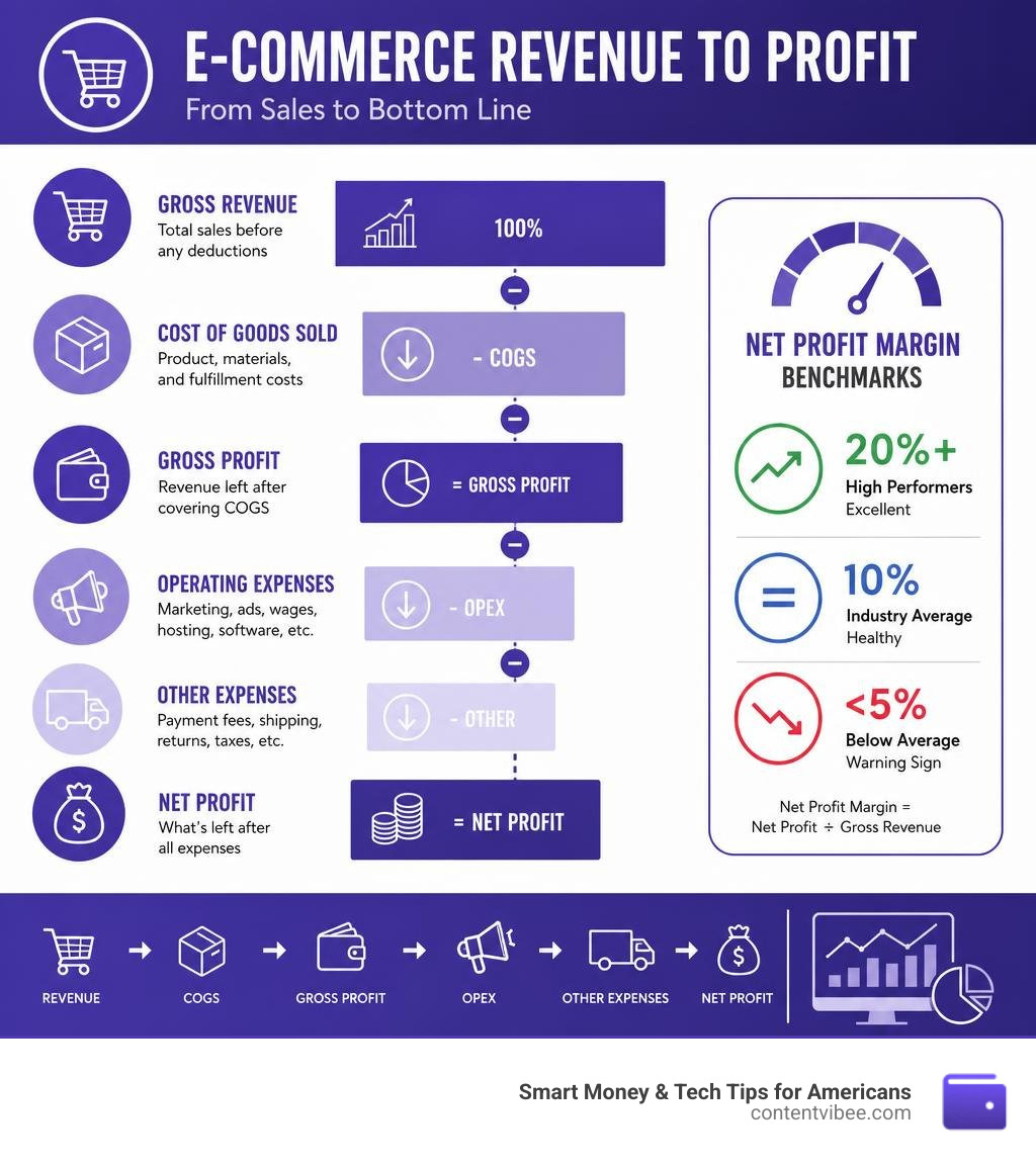 E-commerce gross revenue vs net profit breakdown infographic showing key margin benchmarks infographic