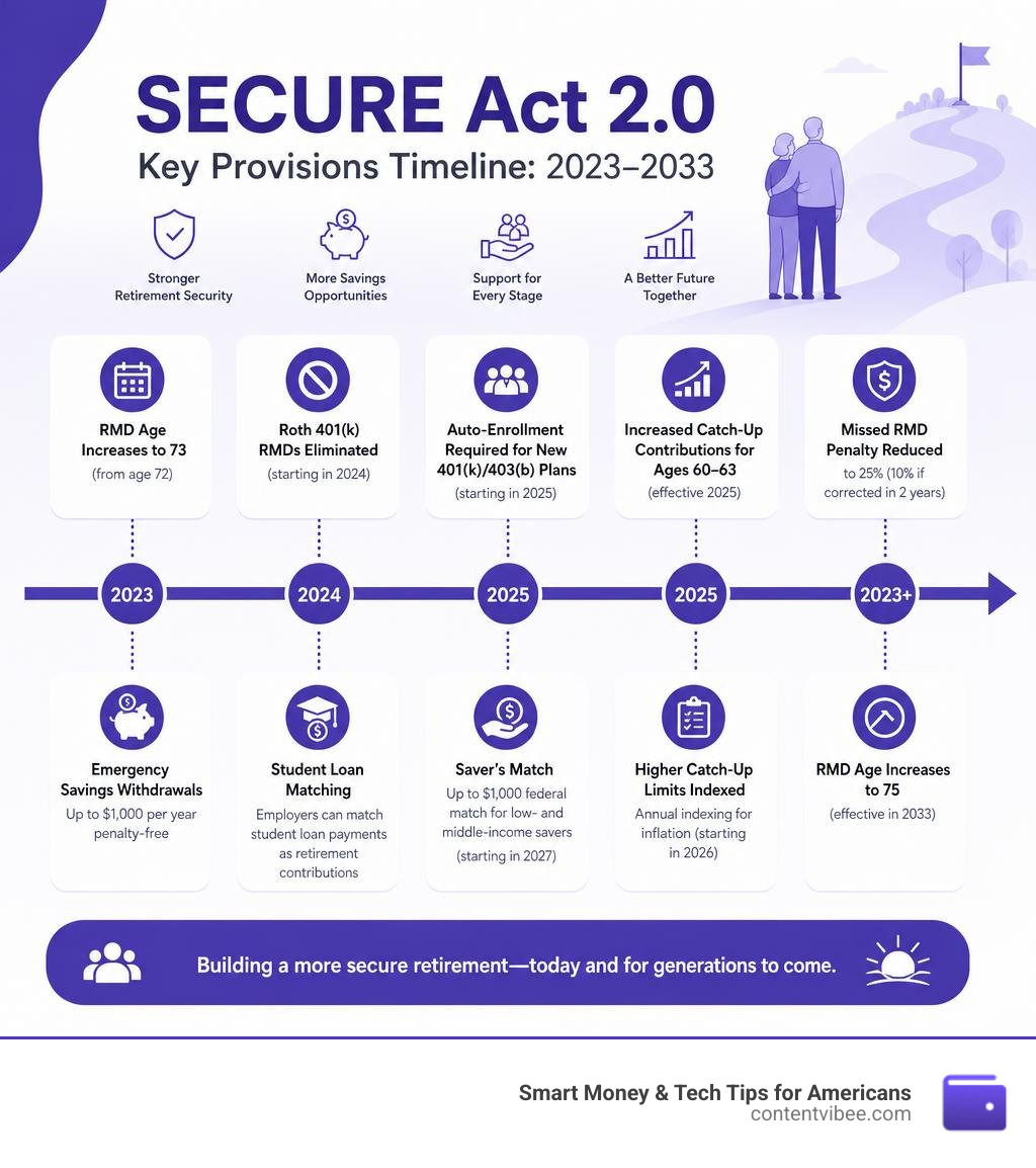 Timeline infographic of SECURE Act 2.0 key provisions from 2023 to 2033 infographic