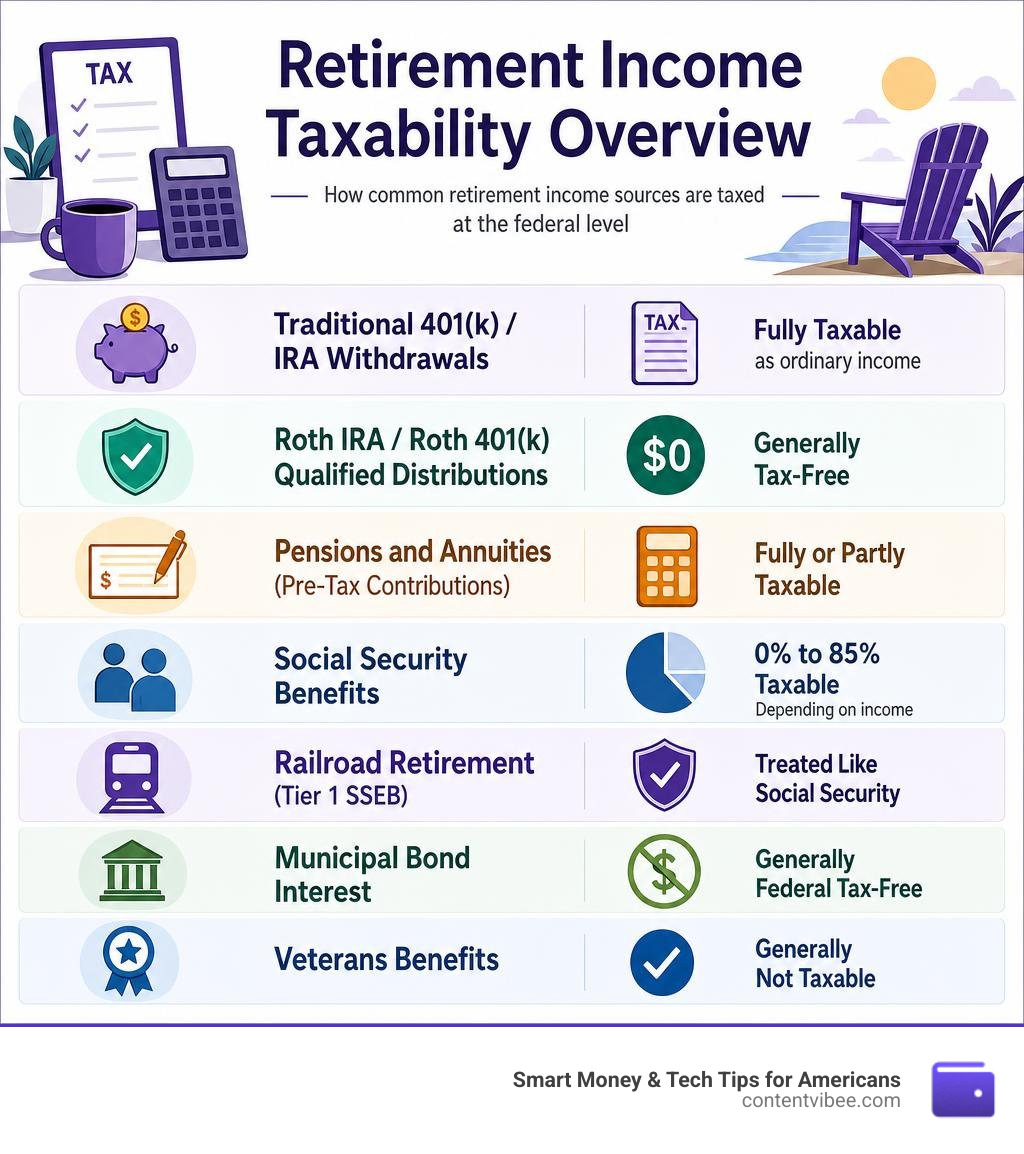 Retirement income taxability overview infographic showing tax treatment of Social Security, pensions, IRAs, and Roth