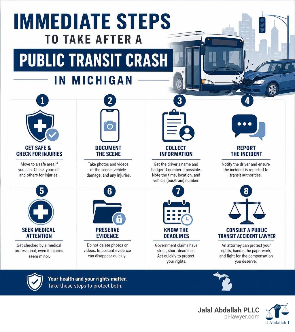 Immediate steps to take after a public transit crash in Michigan infographic Immediate steps to take after a public transit crash in Michigan infographic