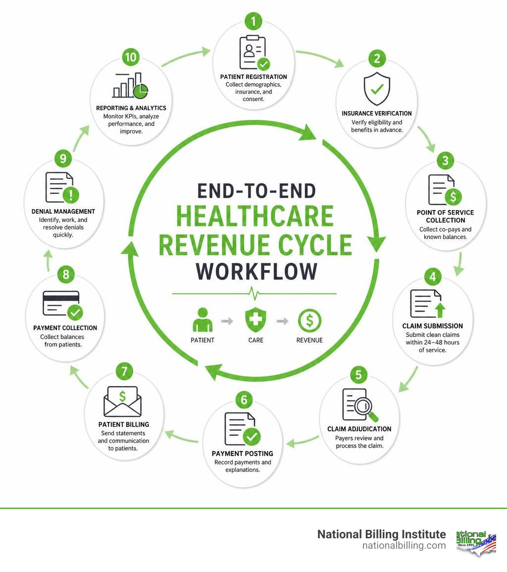 End-to-end healthcare revenue cycle workflow from patient registration to final payment infographic End-to-end healthcare revenue cycle workflow from patient registration to final payment infographic