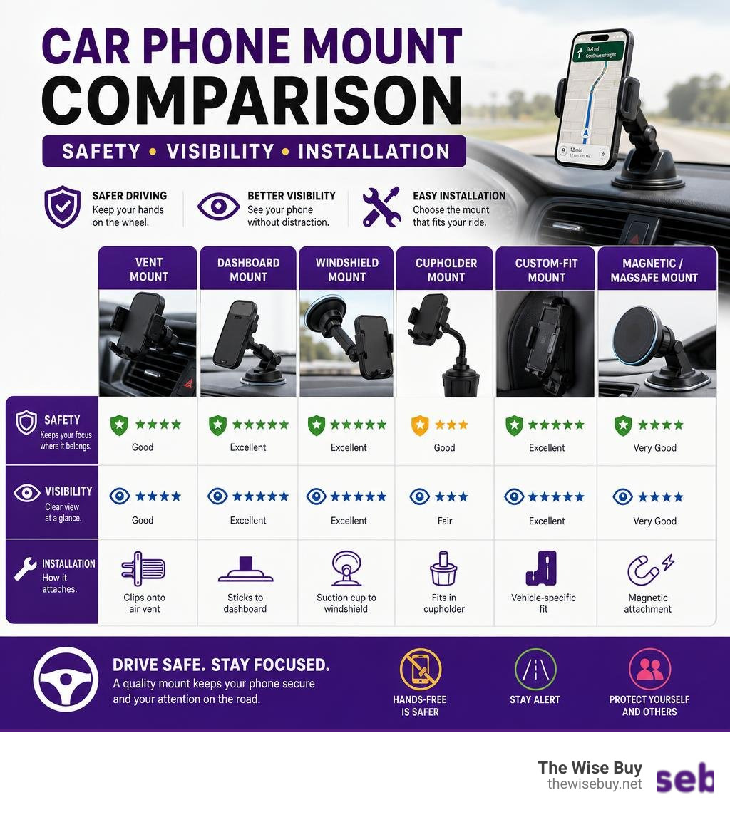 infographic comparing car phone mount types by safety, visibility, and installation method infographic infographic comparing car phone mount types by safety, visibility, and installation method infographic