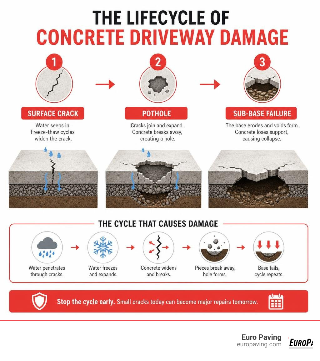 Lifecycle of concrete driveway damage from surface crack to pothole to sub-base failure infographic