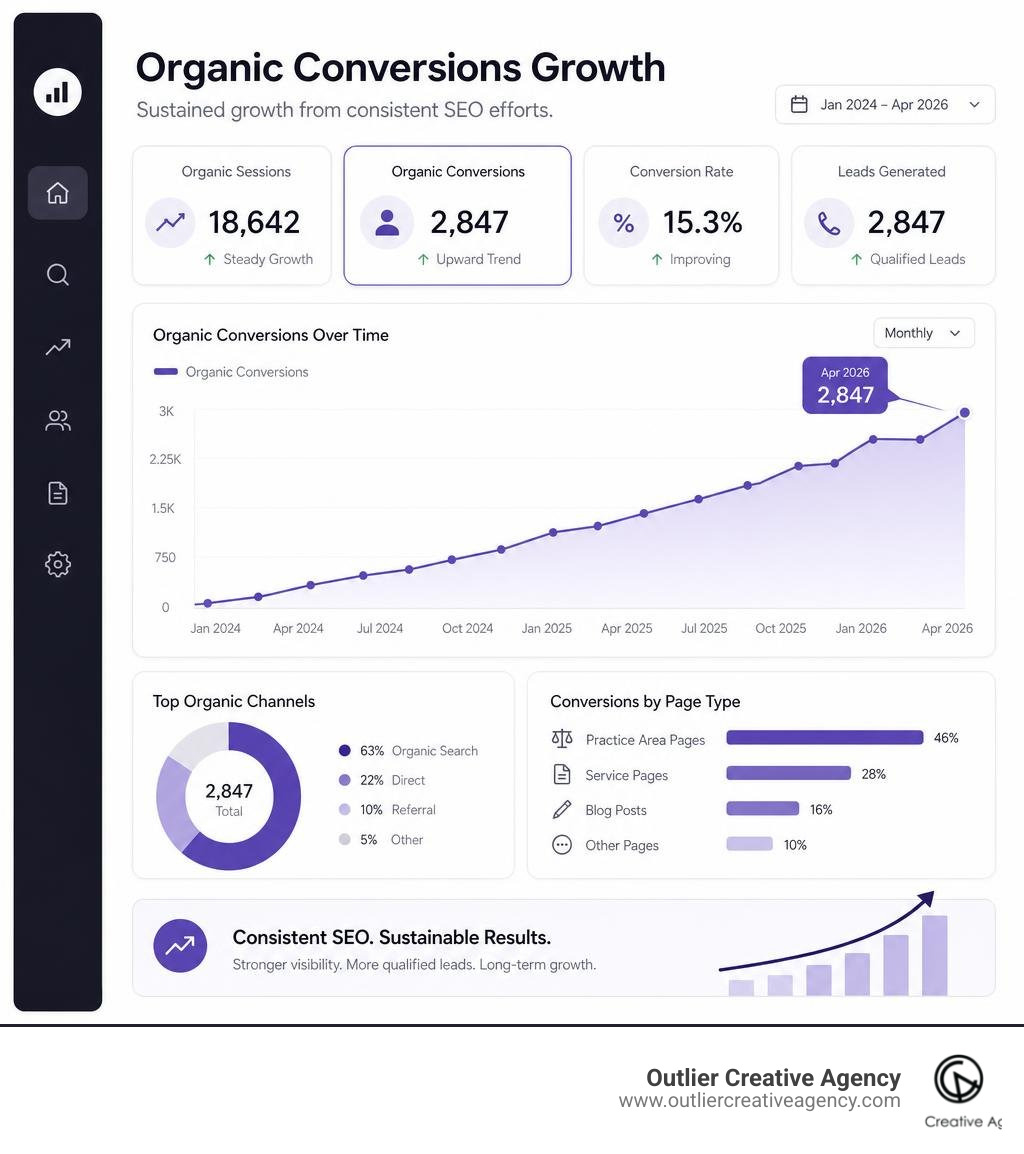 Website analytics dashboard showing organic conversion growth infographic