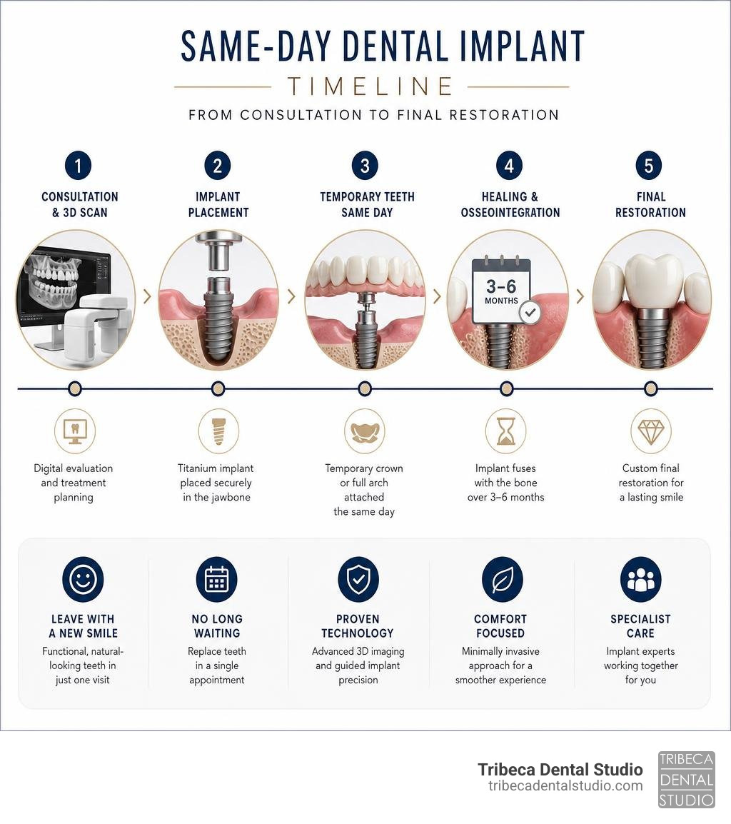 Same-day dental implant timeline from consultation to final restoration infographic infographic