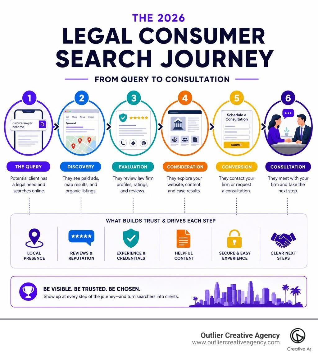 Infographic showing the 2026 legal consumer search journey from query to consultation infographic