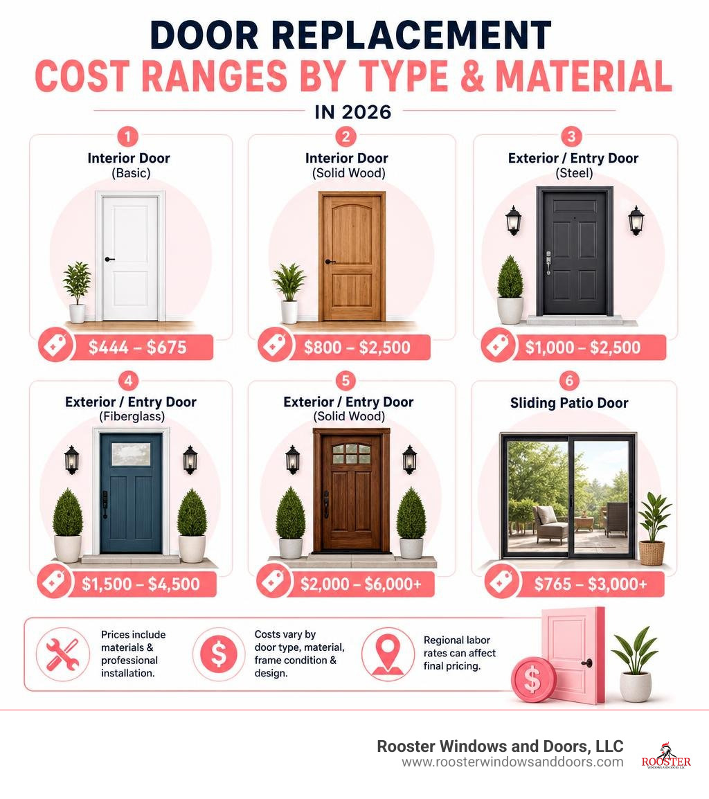 Infographic showing door replacement cost ranges by type and material in 2026 infographic Infographic showing door replacement cost ranges by type and material in 2026 infographic