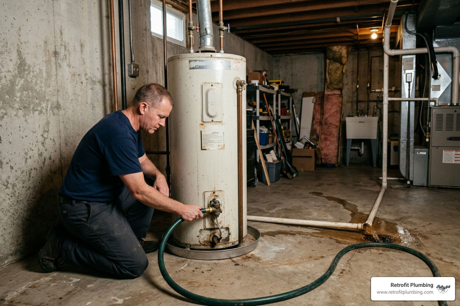 Draining an old water heater using a garden hose attached to the drain valve Draining an old water heater using a garden hose attached to the drain valve