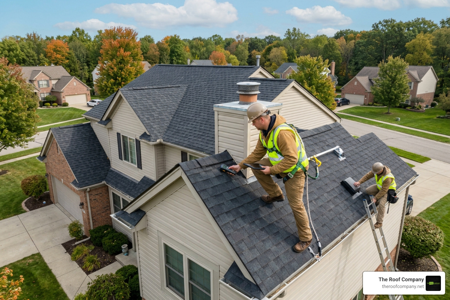 Professional roof inspection being performed on a residential home in Oakland County Professional roof inspection being performed on a residential home in Oakland County