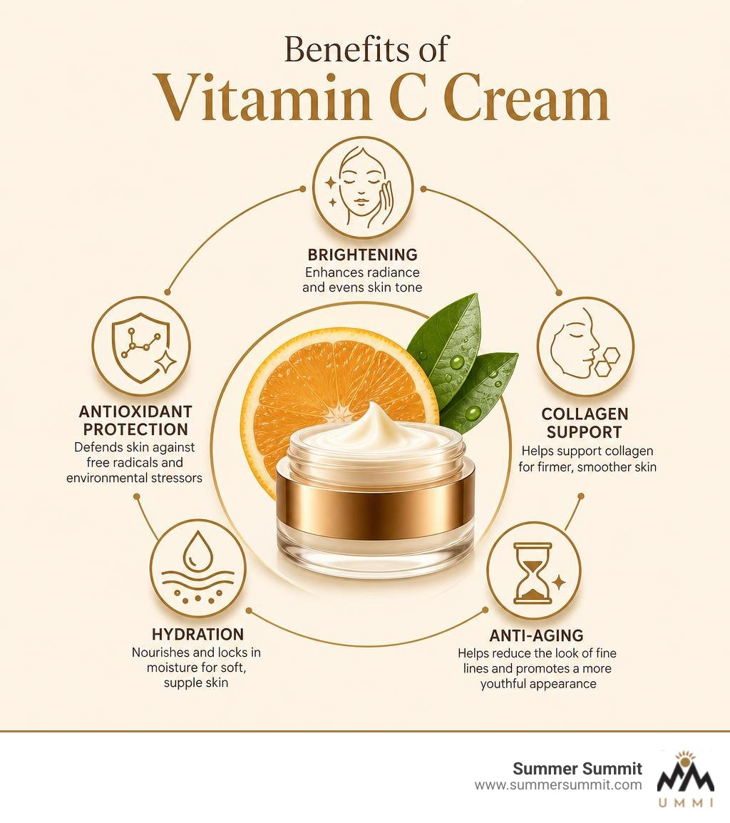 Benefits of vitamin C cream: brightening, antioxidant protection, collagen support, hydration, and anti-aging infographic