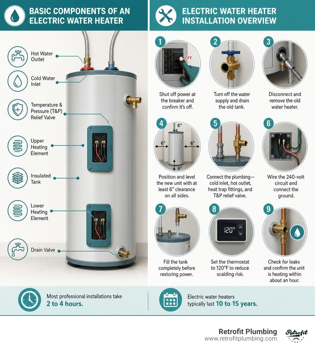 Basic components of an electric water heater and step-by-step installation overview infographic Basic components of an electric water heater and step-by-step installation overview infographic