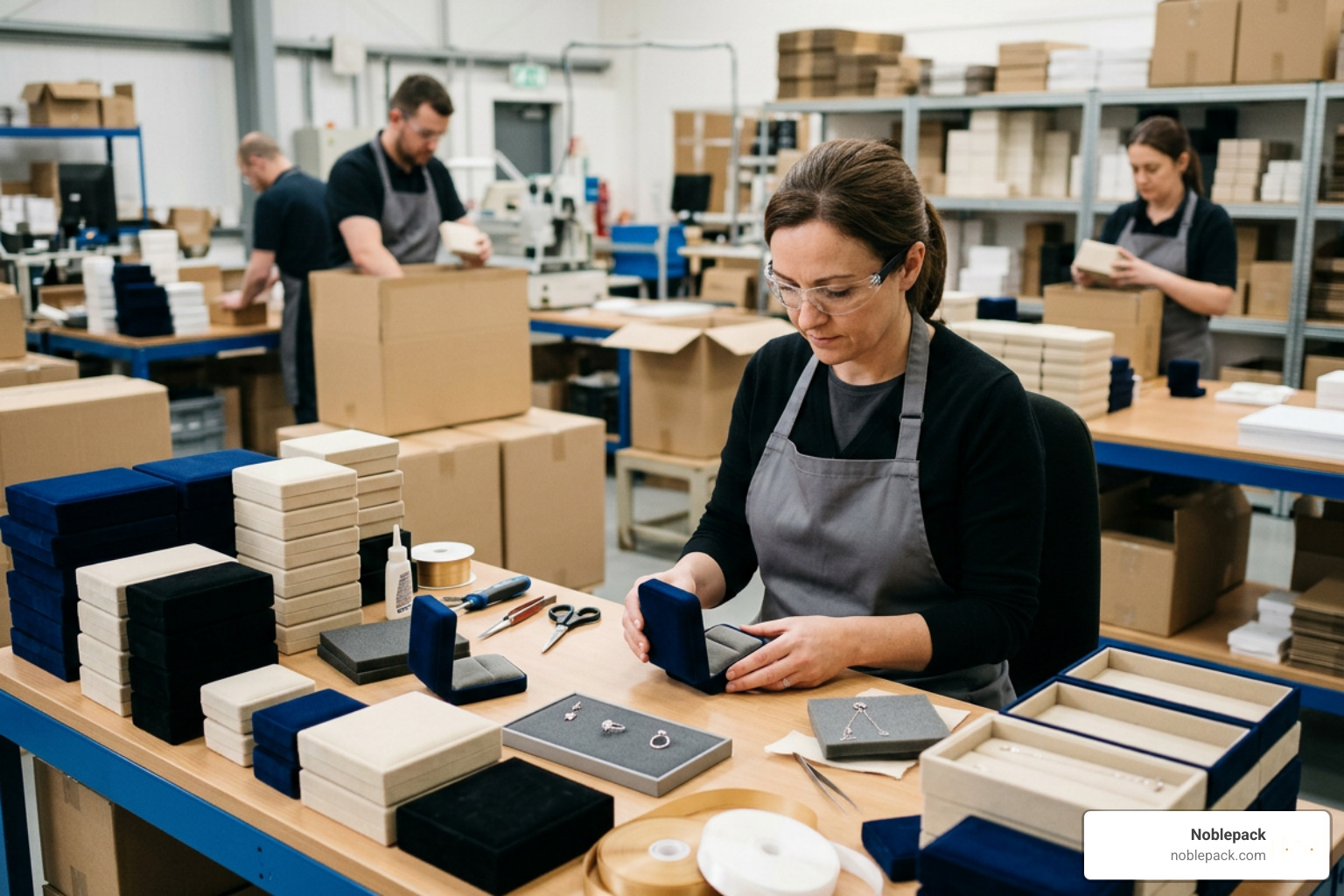 Quality control specialist inspecting custom jewelry boxes under professional lighting Quality control specialist inspecting custom jewelry boxes under professional lighting