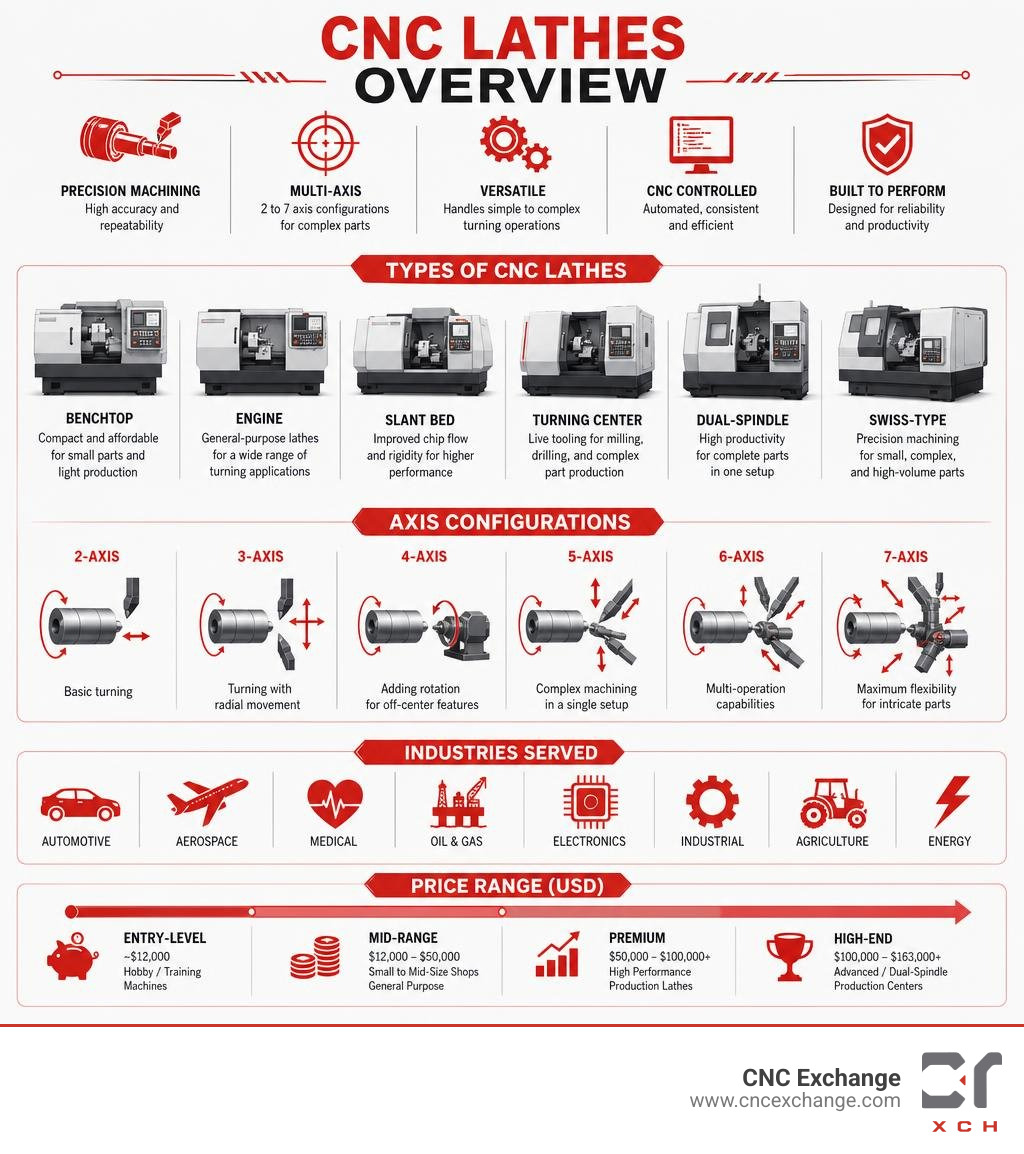 Overview of CNC lathe types, axis configurations, industries, and price ranges infographic
