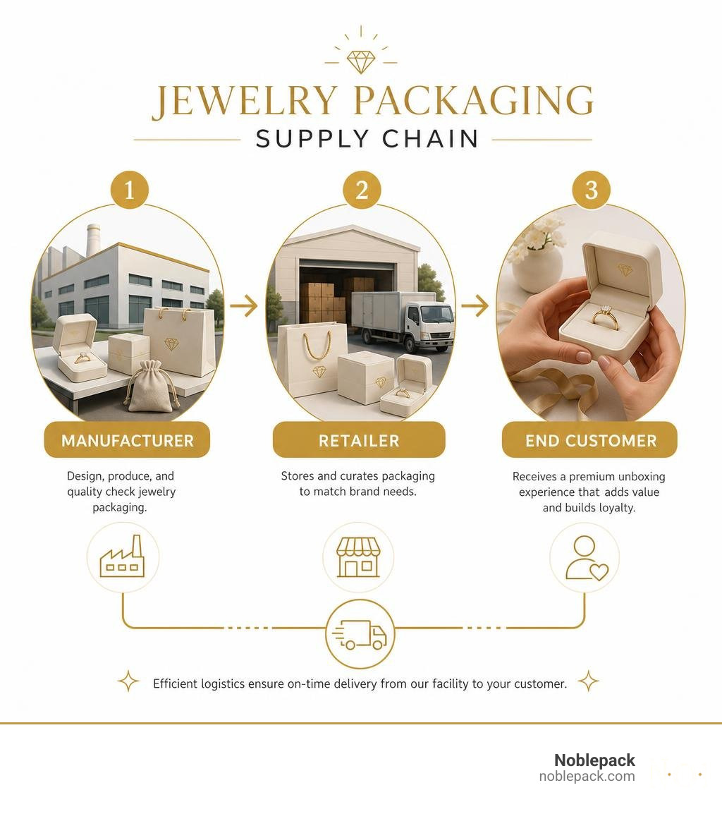 Jewelry packaging supply chain from manufacturer to retailer to end customer infographic Jewelry packaging supply chain from manufacturer to retailer to end customer infographic