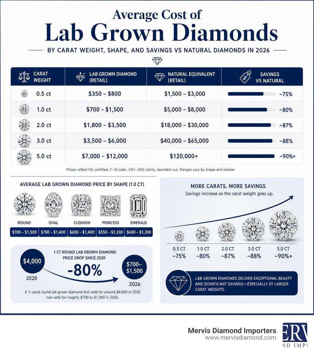 Average cost of lab grown diamonds by carat weight, shape, and savings vs natural diamonds in 2026 infographic