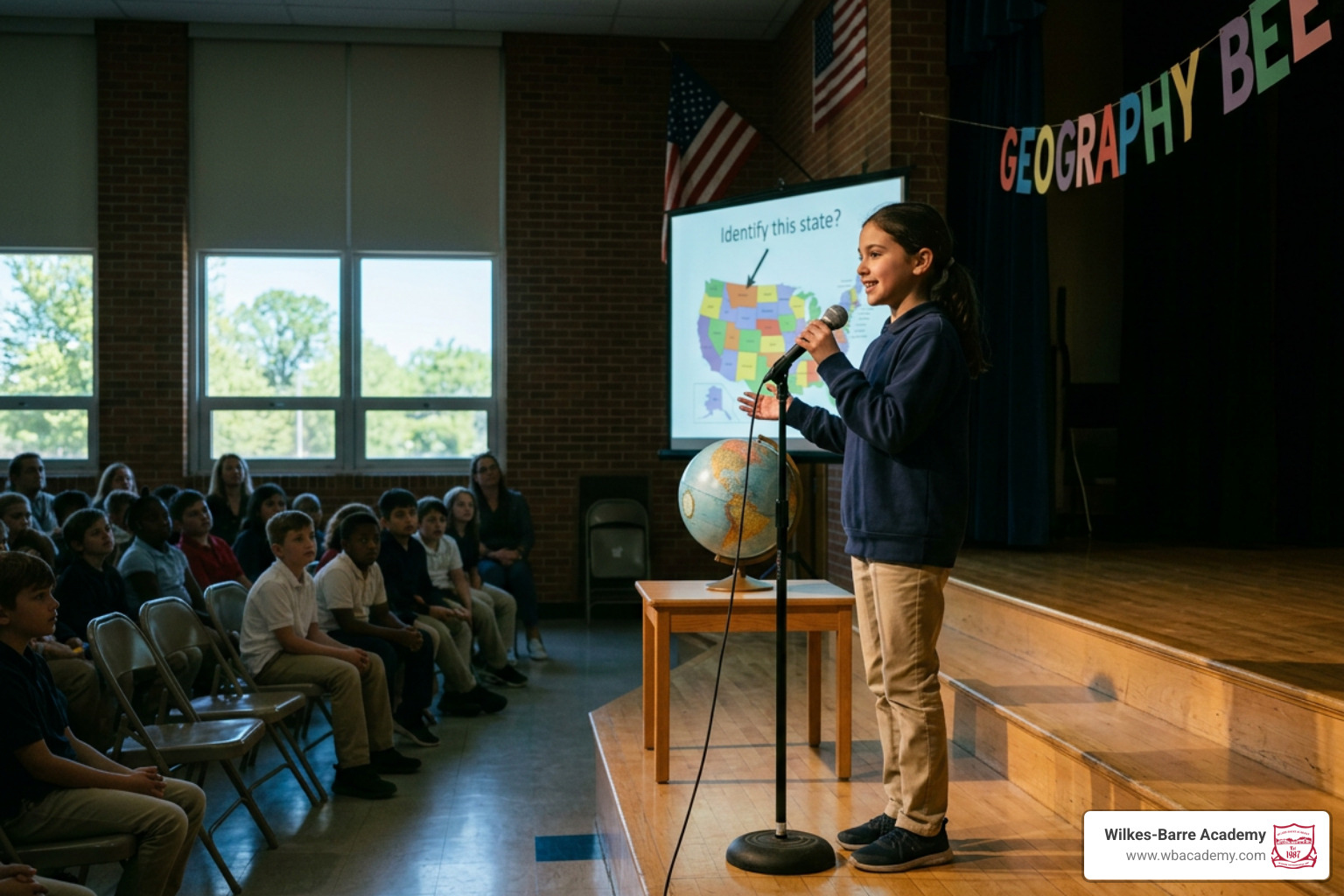 A student confidently answering a geography question in front of a school audience