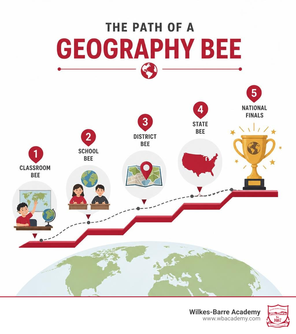Infographic showing the progression of a geography bee from classroom to national finals infographic