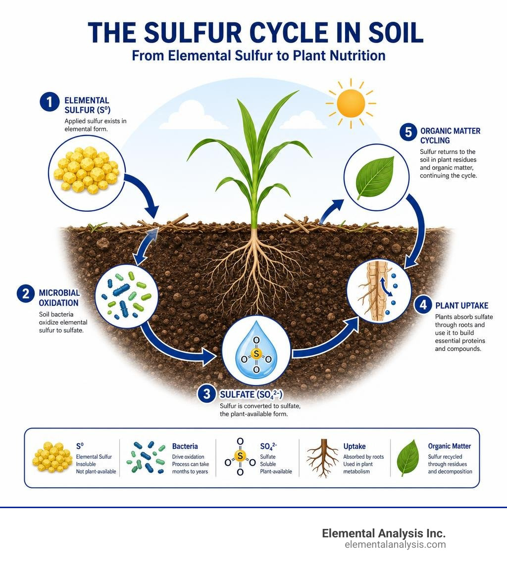 Sulfur cycle in soil: elemental sulfur oxidation to sulfate, plant uptake, organic matter cycling infographic