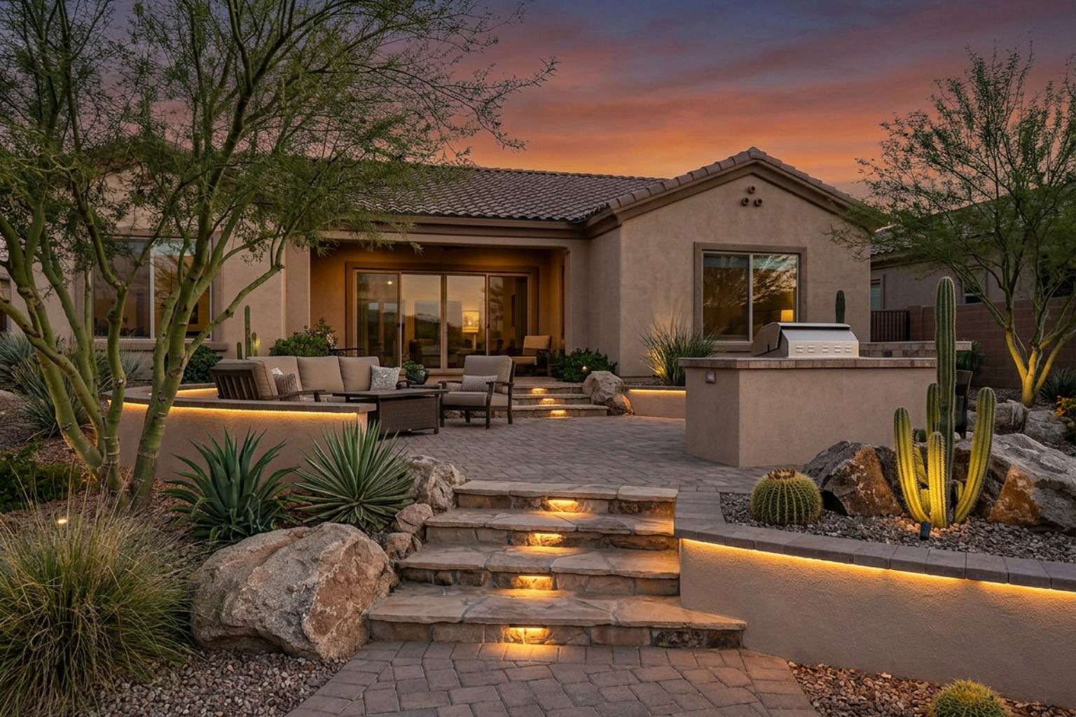 accent lighting hardscape havasu backyard patio with integrated steps and wall lighting at dusk