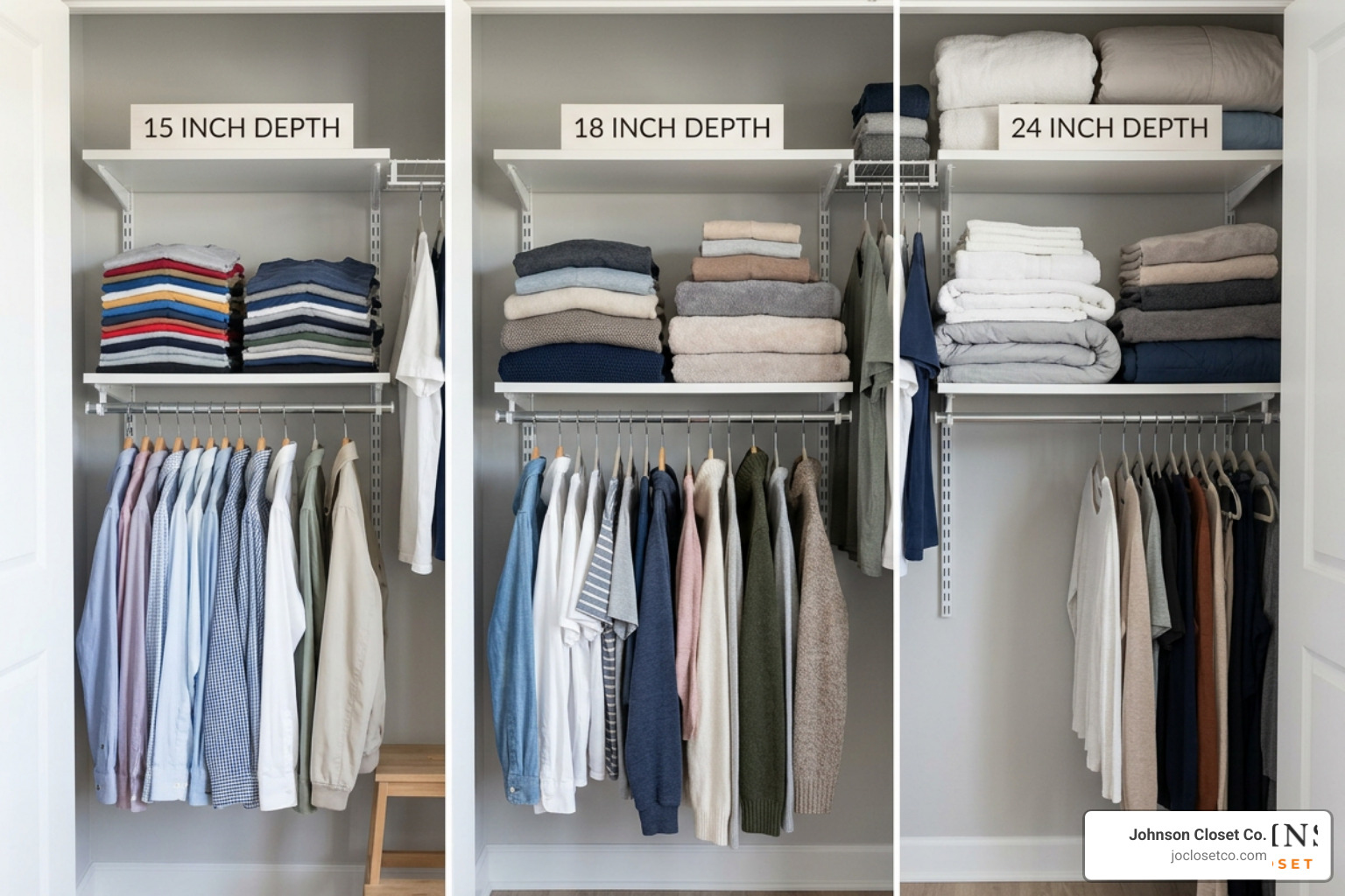 Visual comparison of 15-inch, 18-inch, and 24-inch shelf depths