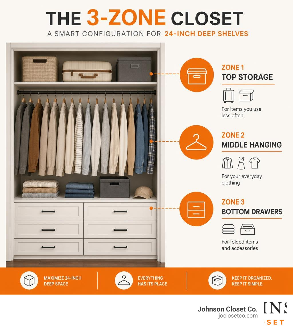 3-zone closet configuration with top storage, middle hanging, and bottom drawers diagram infographic