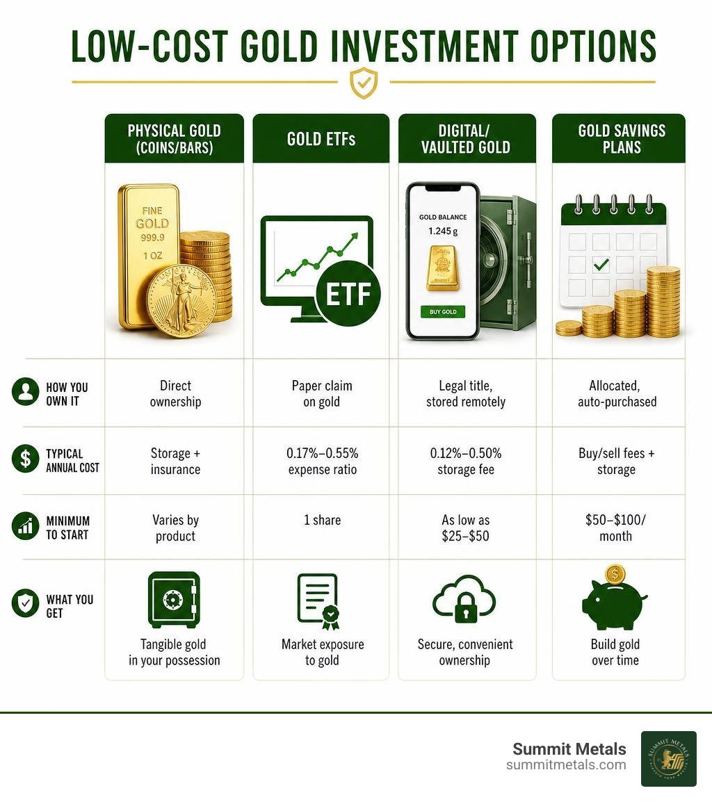 Comparison infographic of low-cost gold investment options: physical gold, ETFs, digital gold, and savings plans infographic Comparison infographic of low-cost gold investment options: physical gold, ETFs, digital gold, and savings plans infographic