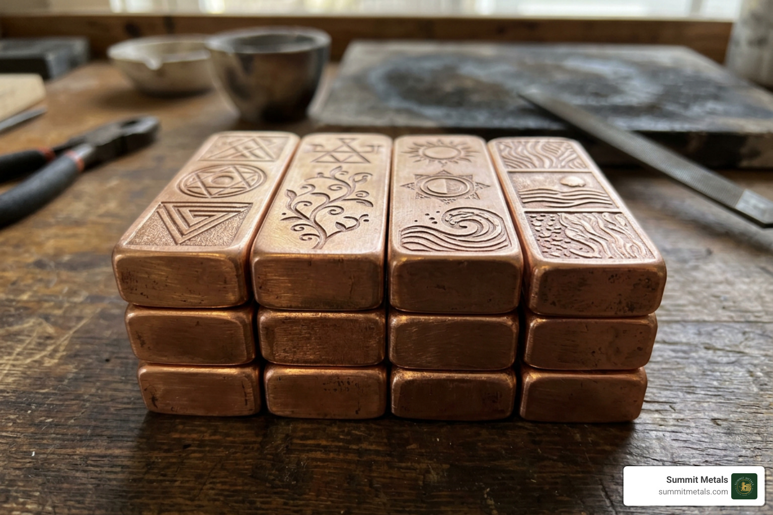 Copper bars with unique elemental designs stacked neatly