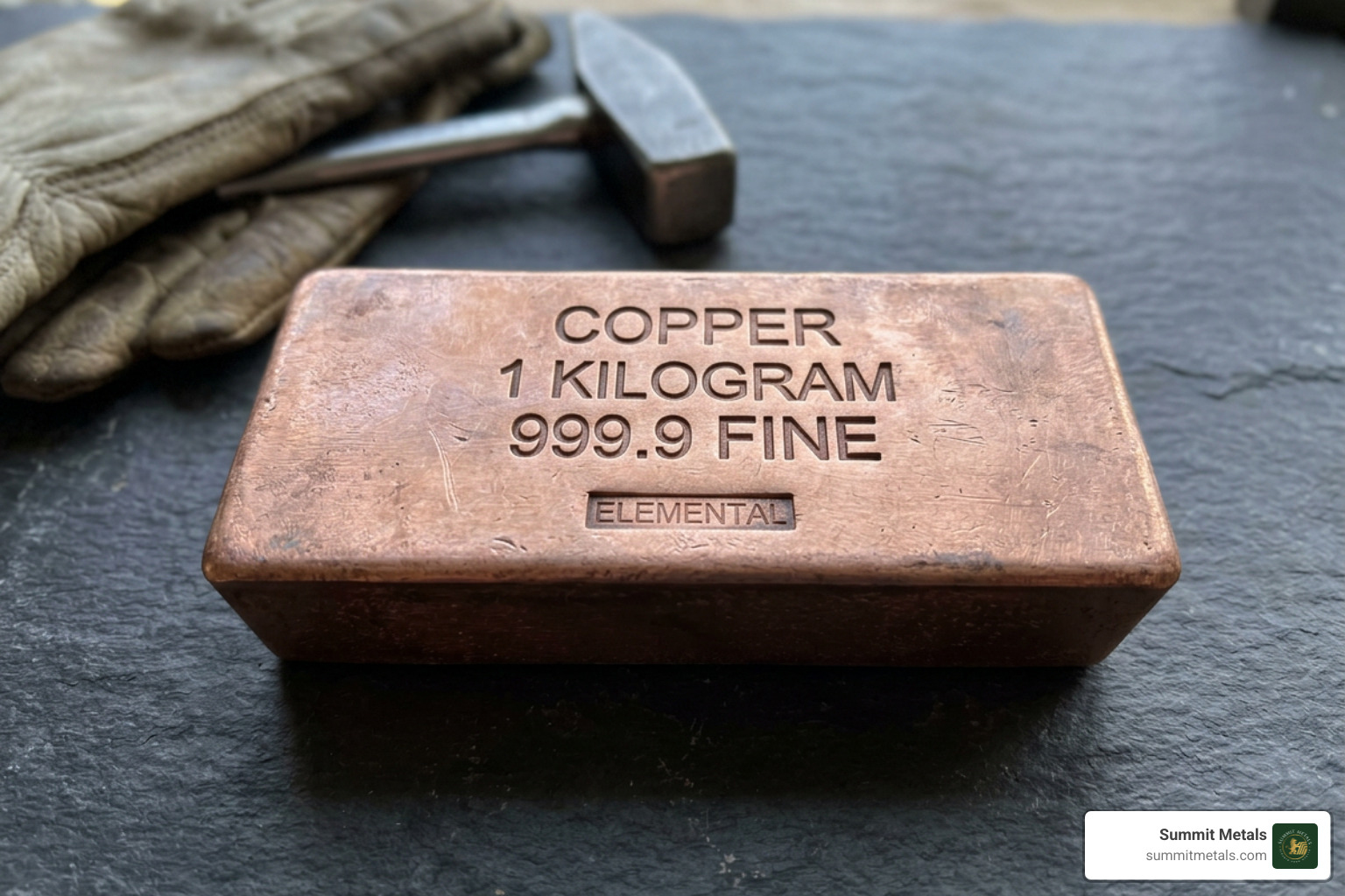 A heavy 1 kilogram copper bar showing its elemental stamp