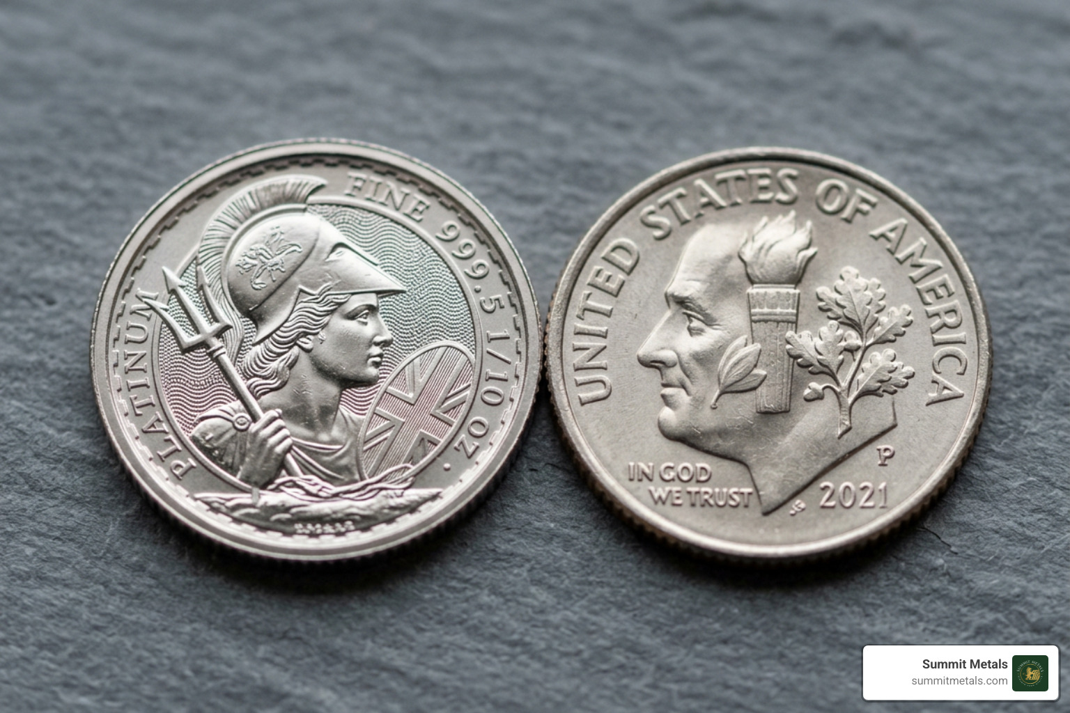 Visual comparison of 1/10 oz Platinum Britannia dimensions and security points Visual comparison of 1/10 oz Platinum Britannia dimensions and security points