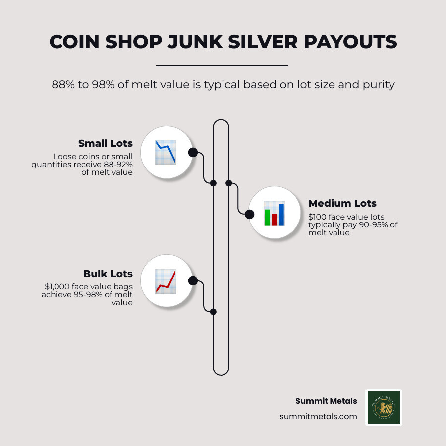 Infographic showing coin shop junk silver payout percentages by lot size and coin type infographic Infographic showing coin shop junk silver payout percentages by lot size and coin type infographic