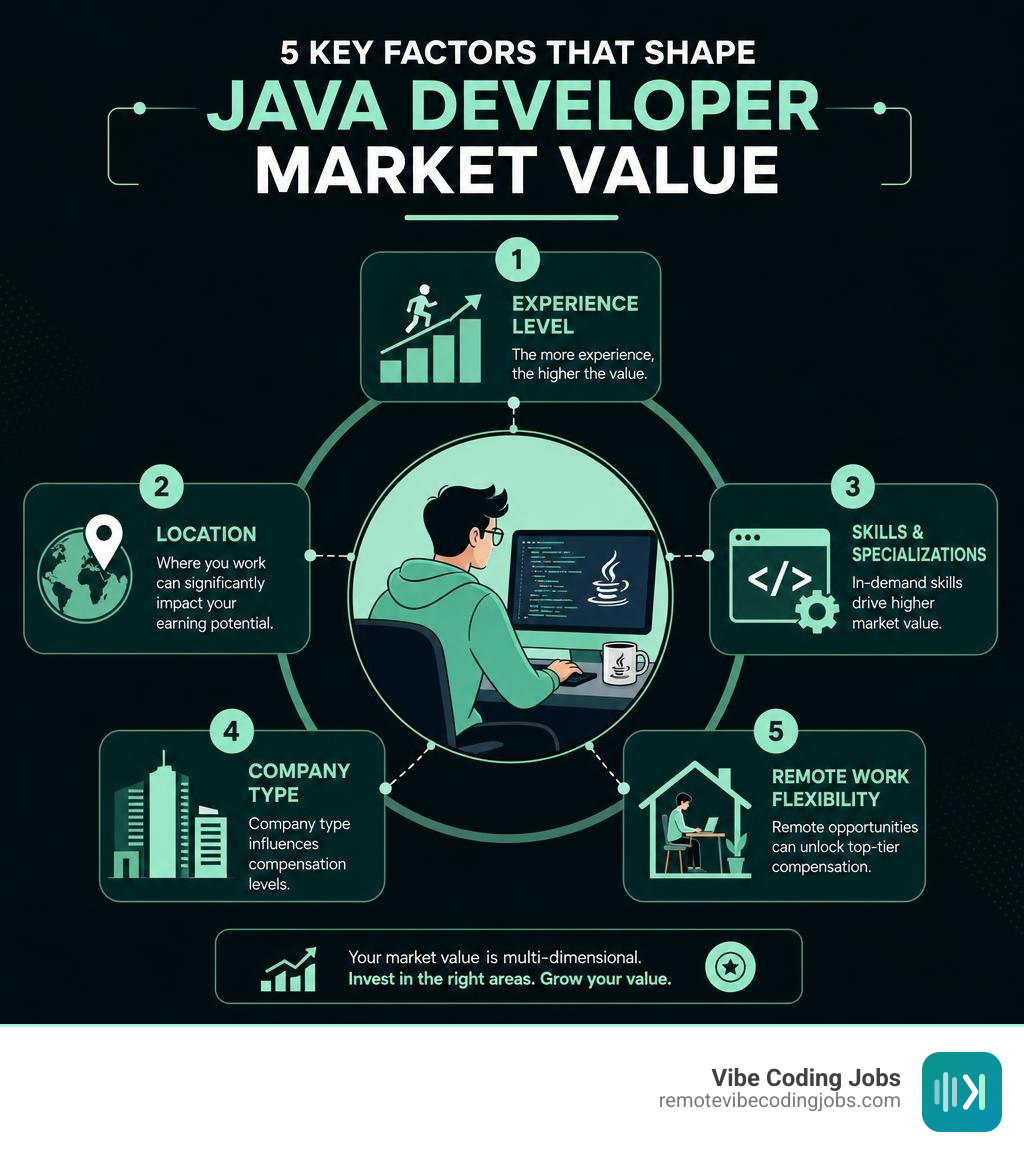 Java developer market value factors: experience, location, skills, company type, remote work infographic