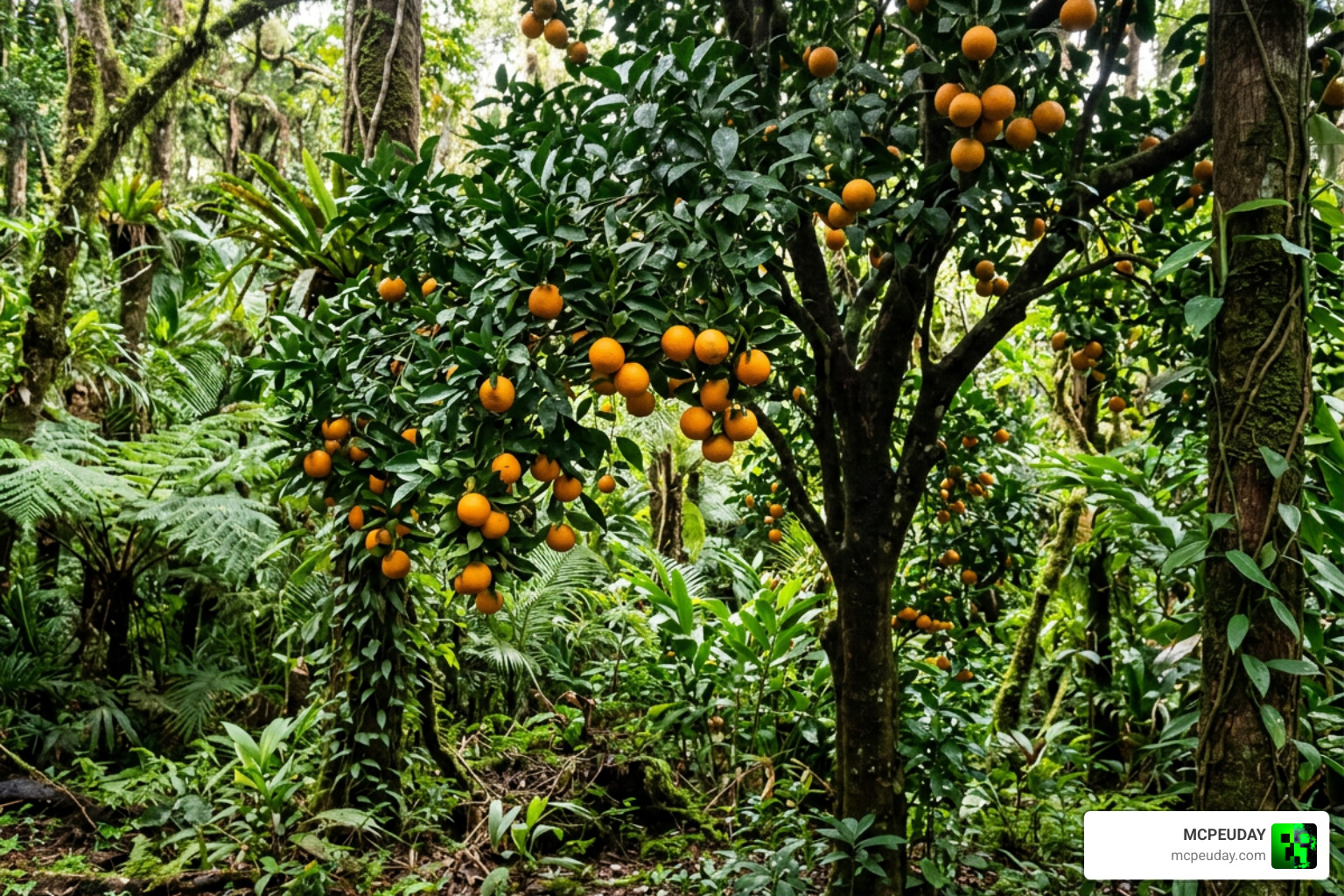 Fully grown Orange Tree in a dense Jungle biome with ripe oranges hanging from leaves Fully grown Orange Tree in a dense Jungle biome with ripe oranges hanging from leaves