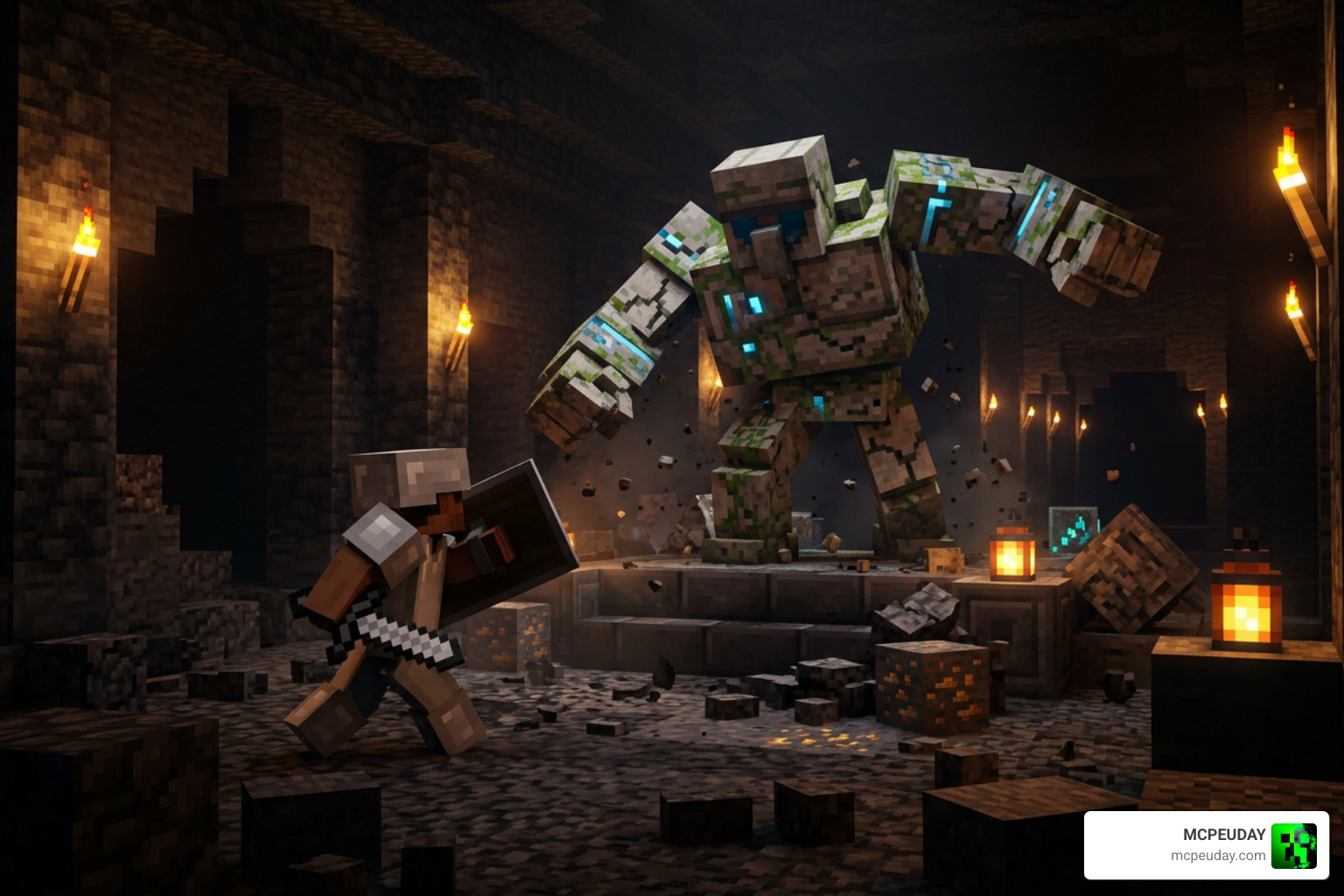 Elder Golem boss battle inside Deepslate Catacombs Elder Golem boss battle inside Deepslate Catacombs