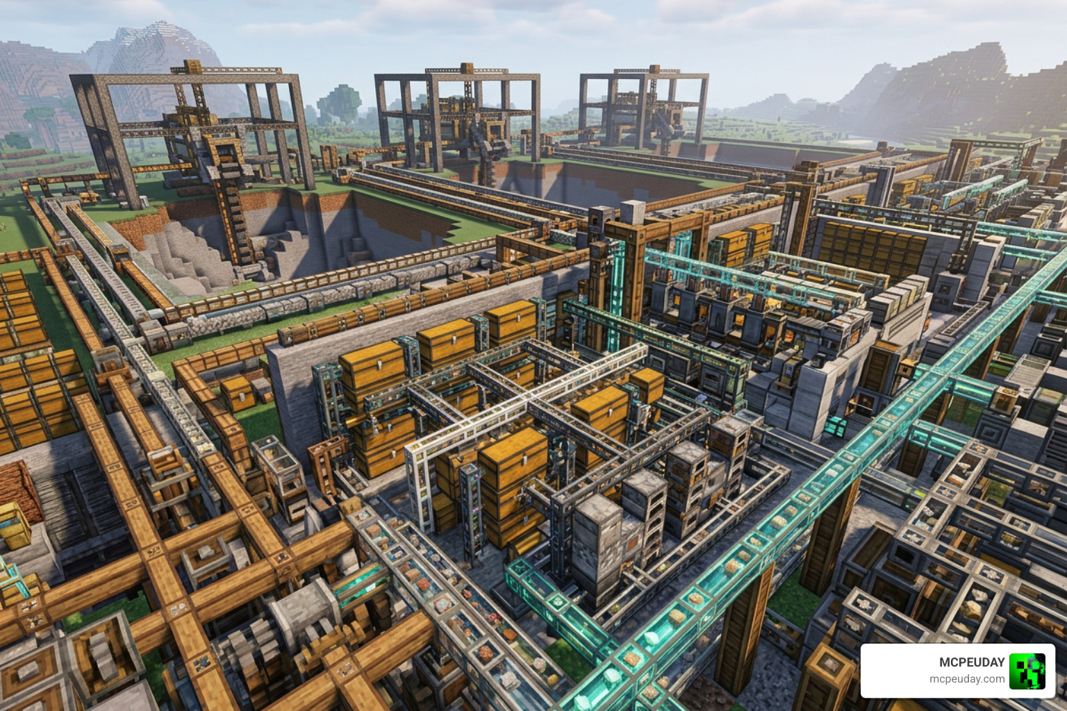 A massive, fully automated factory utilizing BuildCraft quarries, teleport pipes, and sorting systems